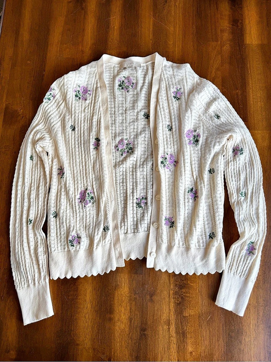 LOFT Sweaters - LOFT Floral Embroidered Pointelle Cardigan White & Purple Medium